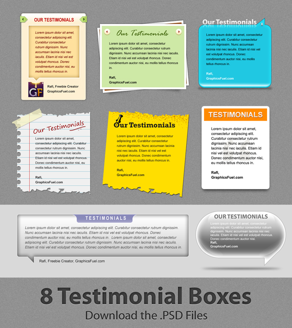 Download attractive client testimonial boxes in 8 PSD files