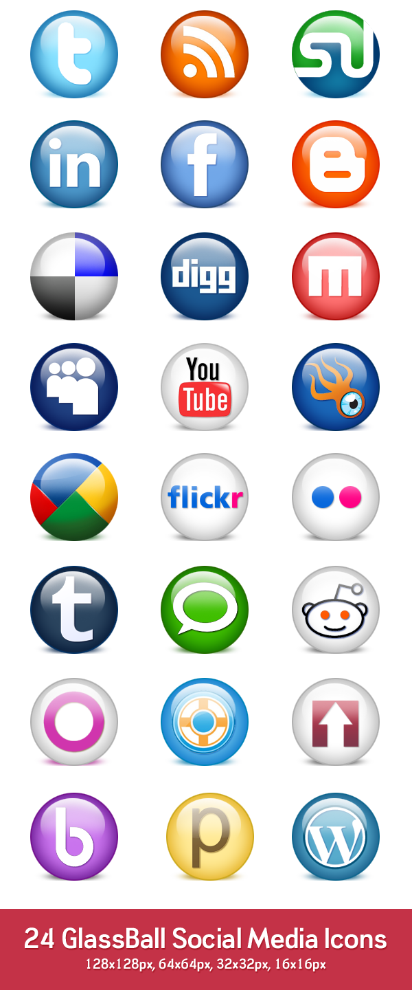 24 glossy social media icons (PSD & PNG)