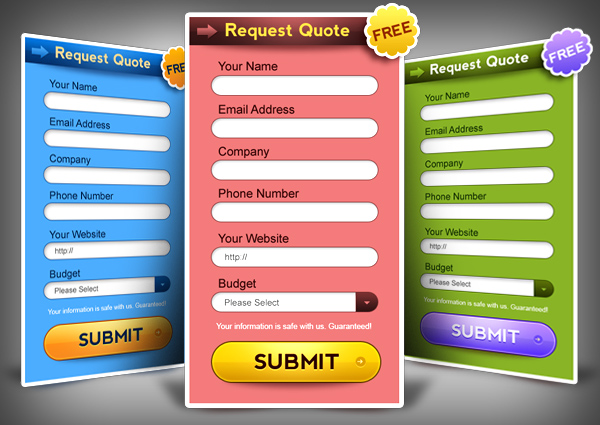 Request a quote form PSD in 3 colors