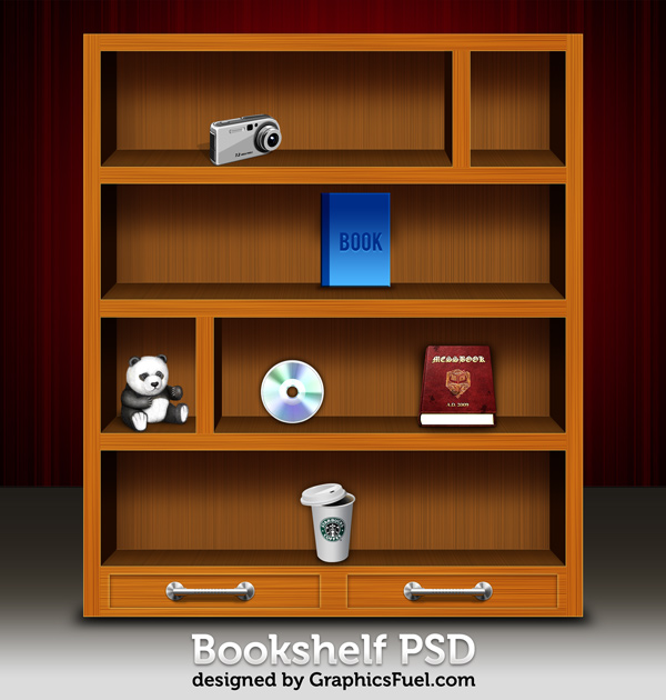 Wooden bookshelf PSD & icons