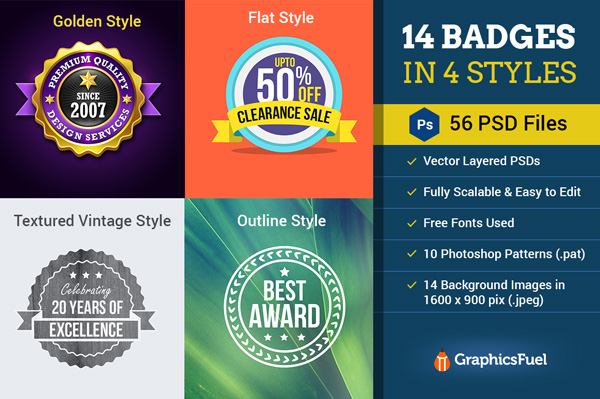 14 Badges in 4 Styles: 56 Vector PSDs & More