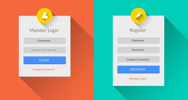 Flat Long Shadow Login & Register UI PSD