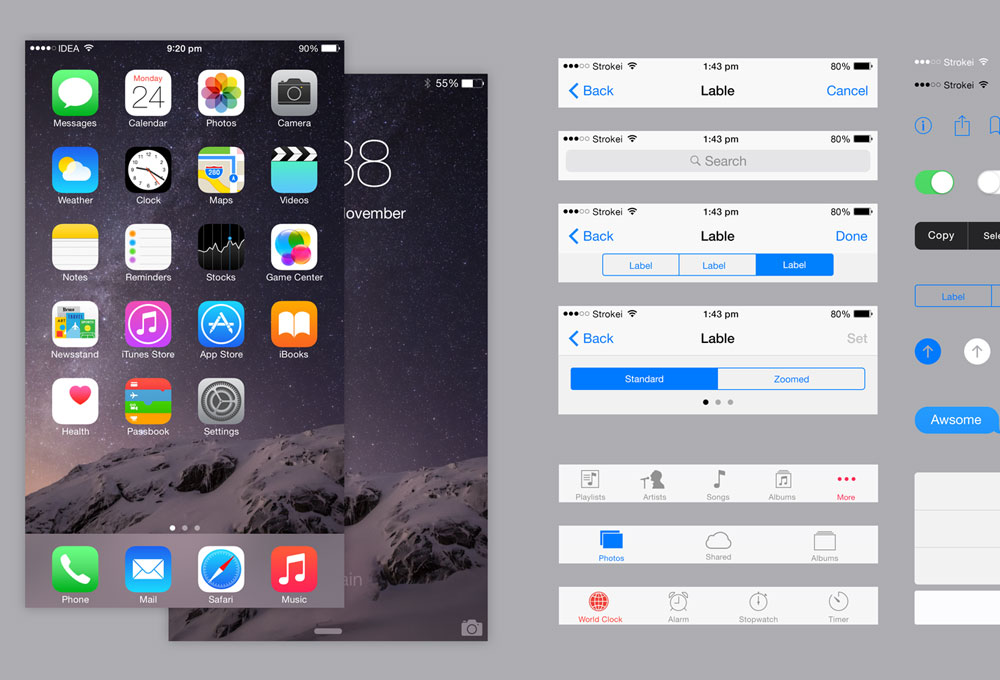 iOS 8 iPhone 6 Plus UI Kit PSD