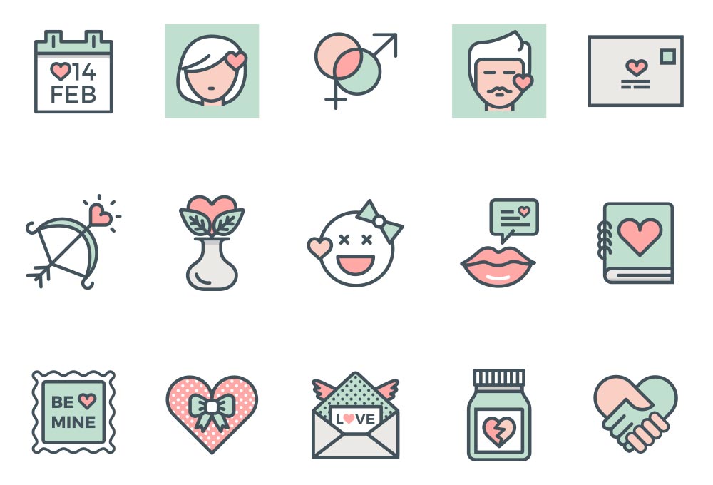 Valentine’s Day Flat Line Icons