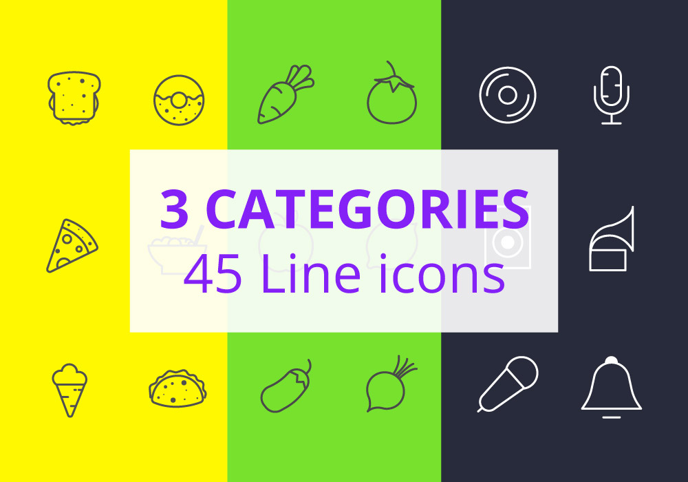 45 Food, Vegetables And Music Line icons